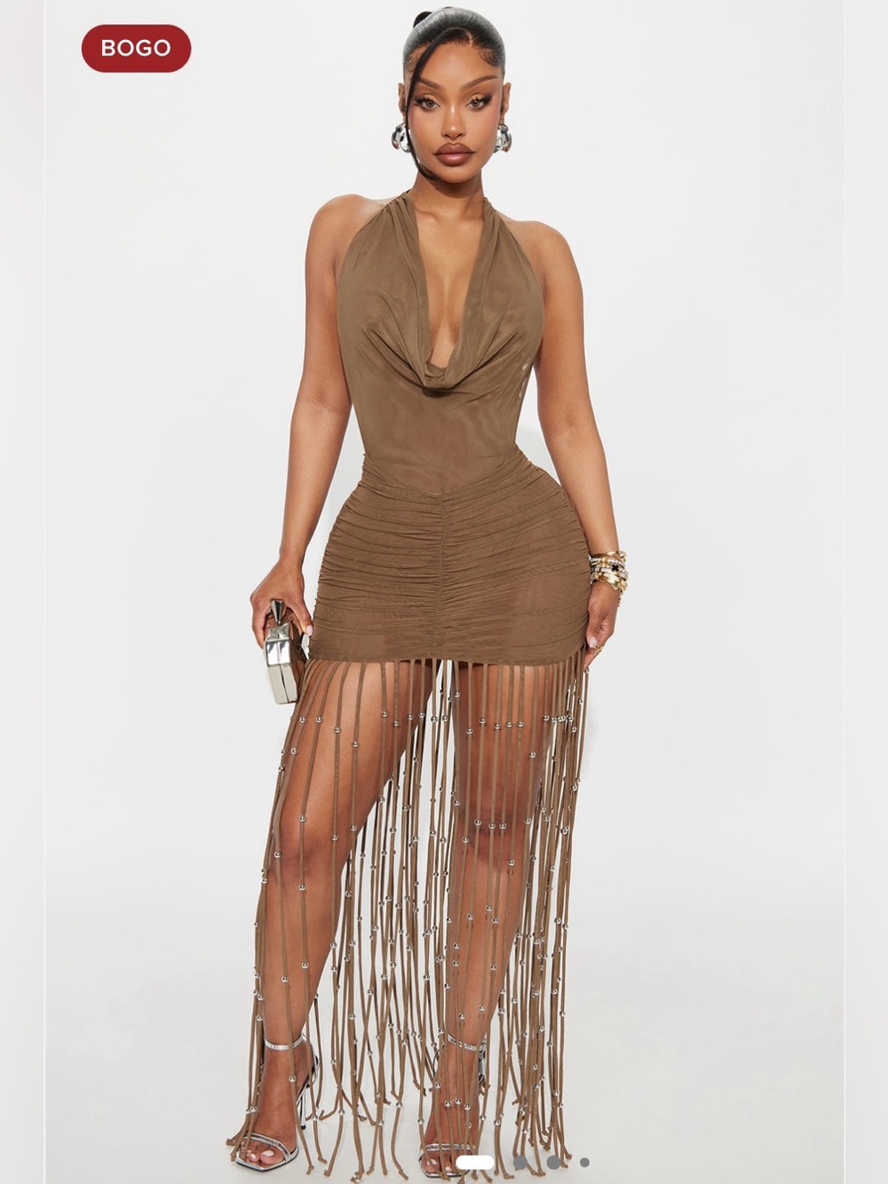 Fashion Nova Olive Brown Fringe Halter Mini Dress